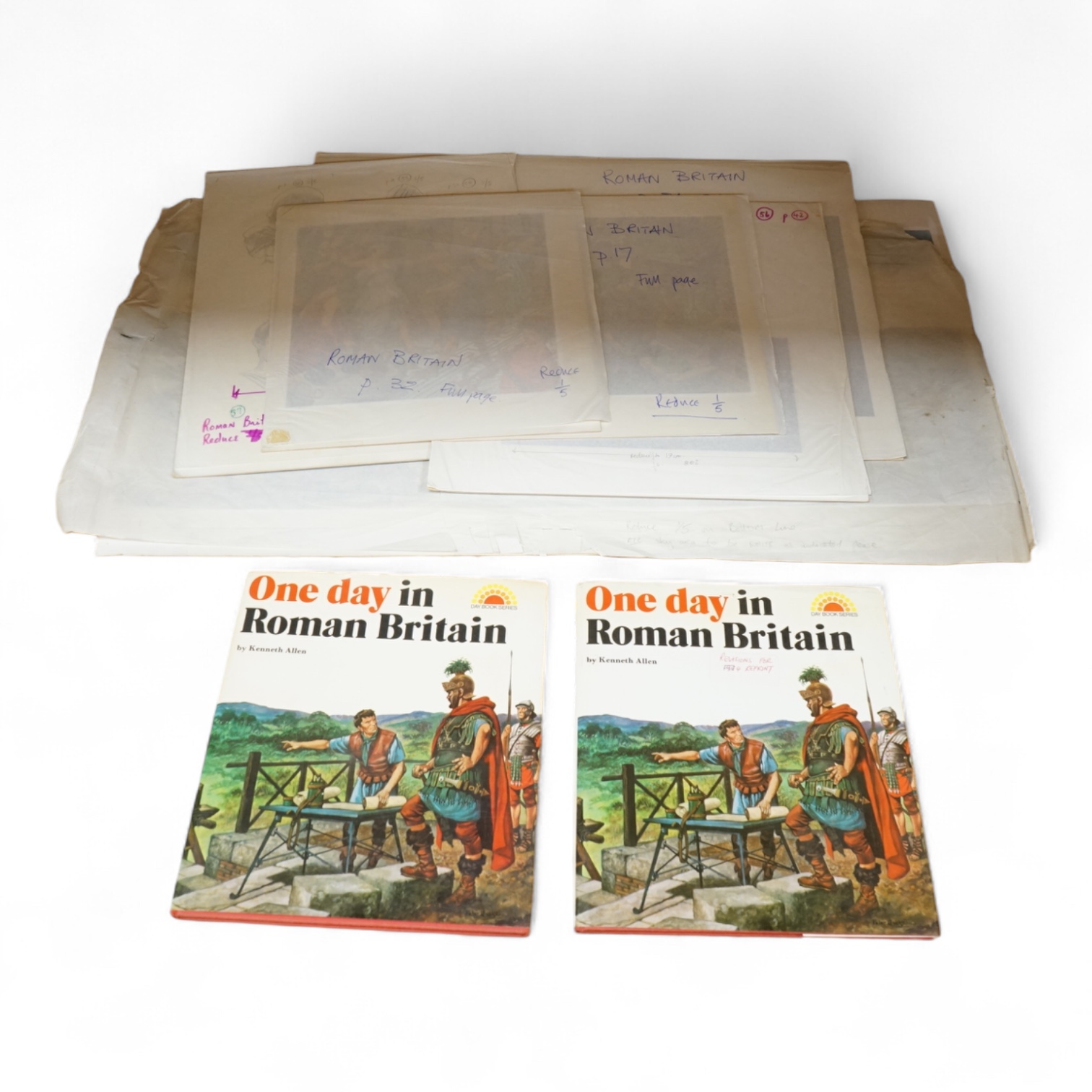 Peter Jackson (1922-2003), Illustrations from 'One day in Roman Britain' to include Portrait studies, Roman wall and Roman Baths, six watercolours, largest 34 x 71cm, unframed, together with two copies of the original bo
